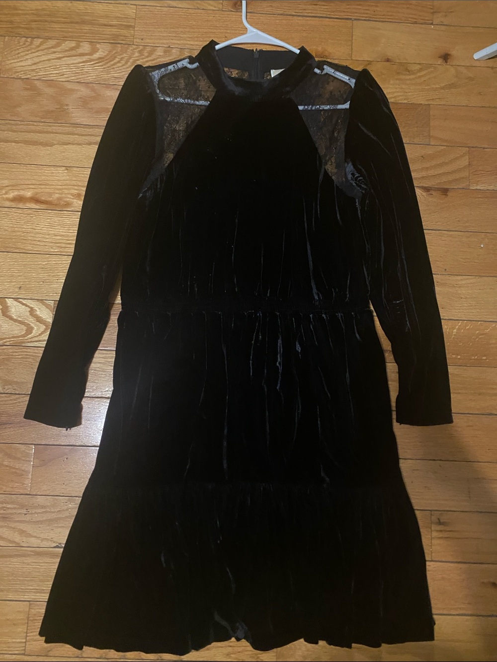 Michael Kors Black Velvet Long Sleeve Sheer Yoke Dress